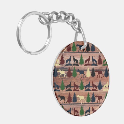 Forest Moose Wolf Wilderness Mountain Cabin Rustic Sleutelhanger (Voorkant Links)