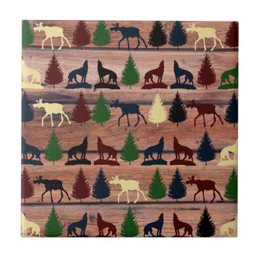 Forest Moose Wolf Wilderness Mountain Cabin Rustic Tegeltje (Voorkant)