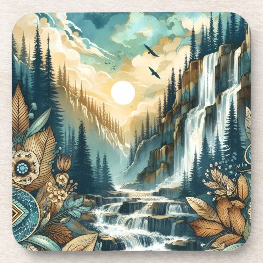 Forest Mountain Waterval Boho Natuur Patroon Bier Onderzetter (Voorkant)
