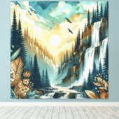 Forest Mountain Waterval Boho Natuur Patroon Canvas Afdruk (Insitu (Houten vloer))