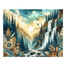Forest Mountain Waterval Boho Natuur Patroon