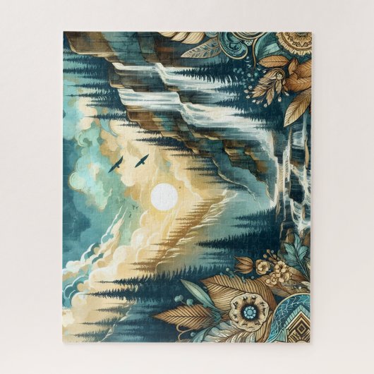 Forest Mountain Waterval Boho Natuur Patroon Legpuzzel (Verticaal)