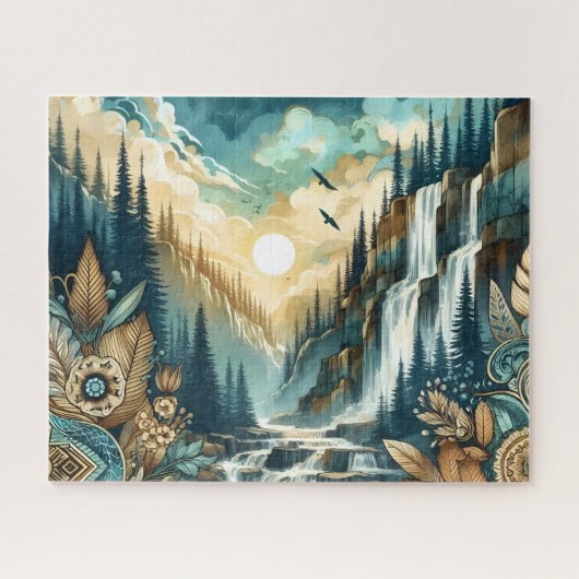 Forest Mountain Waterval Boho Natuur Patroon Legpuzzel (Horizontaal)