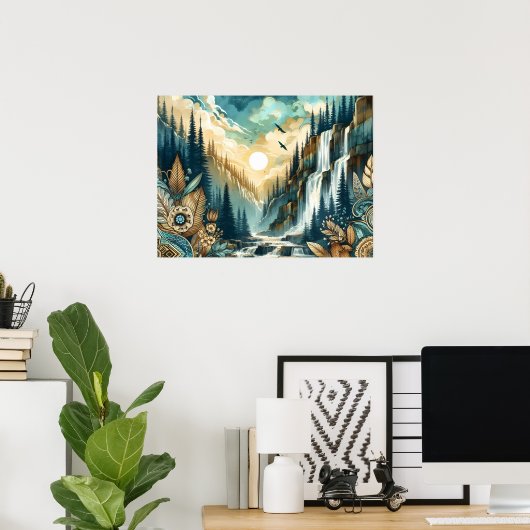 Forest Mountain Waterval Boho Natuur Patroon Poster (Thuiskantoor)