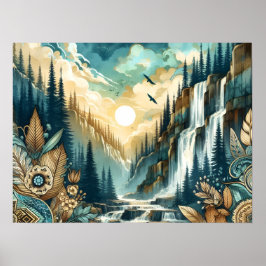 Forest Mountain Waterval Boho Natuur Patroon Poster