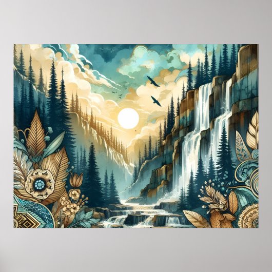 Forest Mountain Waterval Boho Natuur Patroon Poster (Voorkant)