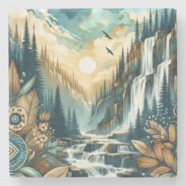Forest Mountain Waterval Boho Natuur Patroon Stenen Onderzetter