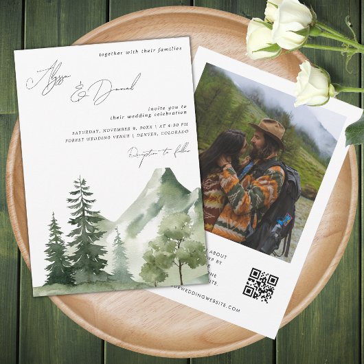 Forest Mountains Modern Script QR Code Bruiloft Kaart