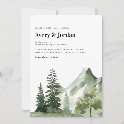 Forest Mountains Modern Script QR Code Bruiloft Kaart (Voorkant)