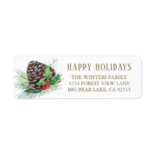 Forest Pine Cone Holly Holiday Return-adres Etiket