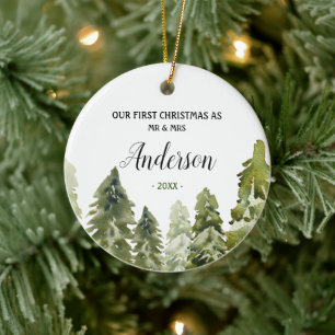 Forest Pine Trees Eerste Kerstmis als de heer en m Keramisch Ornament
