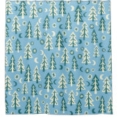 Forest Pine Trees Moon Stars Blue Green Douchegordijn (Voorkant)