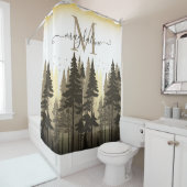 Forest Pine Trees Script Name Monogram Douchegordijn (In situ)