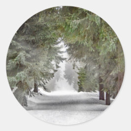 Forest Road Snow Pine Trees Foto Ronde Sticker