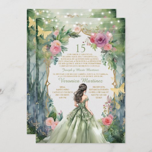 Forest Sage Green Princess Spaans 15 Mis Quince Kaart (Voorkant / Achterkant)