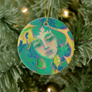 Forest Spirit, Surreal Fantasy Portrait Green Folk Keramisch Ornament