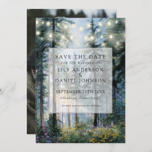 Forest String Lights Floral Rustic Photo Wedding Save The Date (Voorkant / Achterkant)