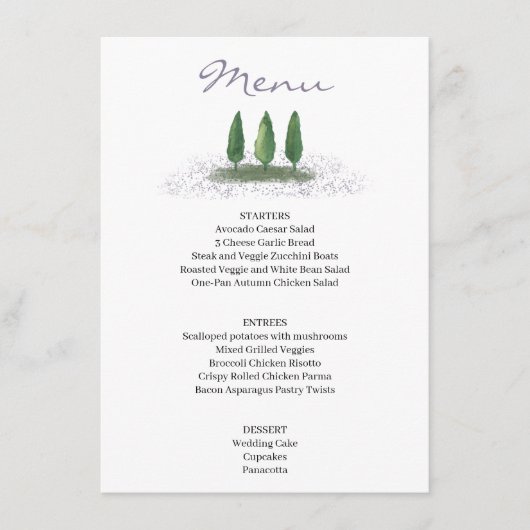 Forest Tree Lavender Wedding Service Menu (Voorkant)