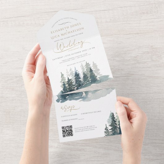 Forest Winter Landschap Woodland Wedding QR Code All In One Uitnodiging (Afscheurbaar)