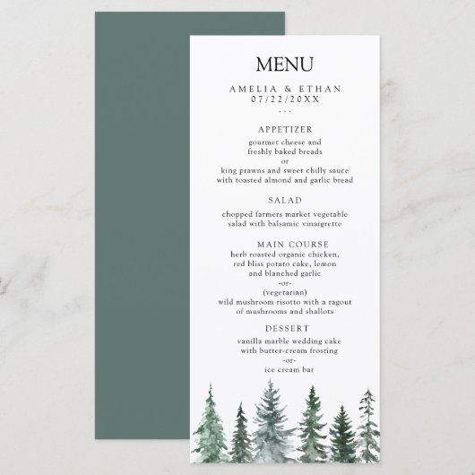 Forest Wintre Watercolor Wedding Menu (Voorkant / Achterkant)