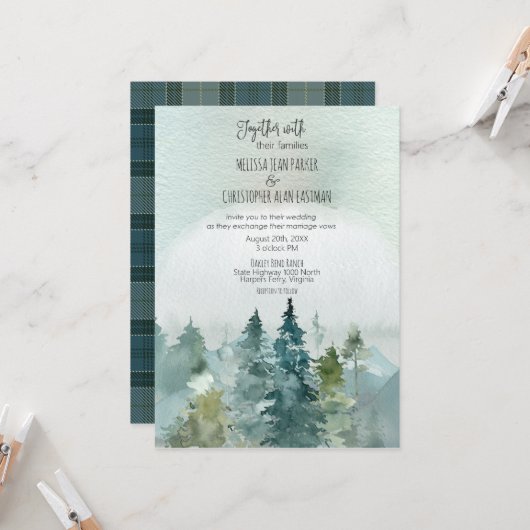 Forest Wonder Rustic Pine Faire-part de mariage (Devant/Arrière en situation)