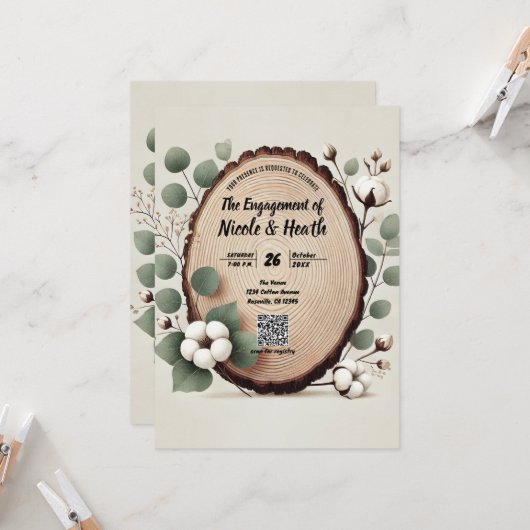 Forest Wood Eucalyptus & Cotton Rustic Verloving Kaart (Voorkant / Achterkant in situ)