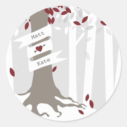 Forest Woodland Winter Sneeuw Rode bruiloft Ronde Sticker (Voorkant)