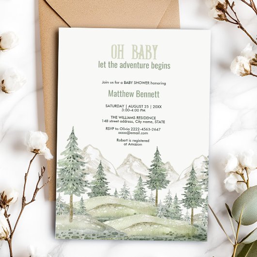 Forêt aventure commence baby shower invitation