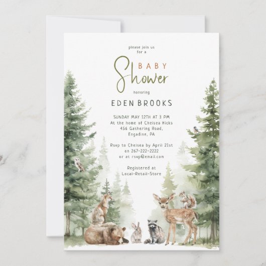 Forêt Bois Animaux Baby shower Invitation (Devant)