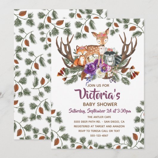 Forêt boisée Animaux Baby Shower invitations (Devant / Derrière)