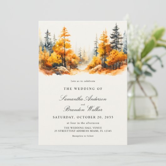 Forêt d'automne avec code QR Faire-part de mariage (Debout devant)