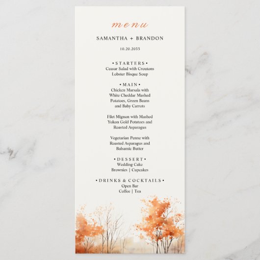 Forêt d'automne Bois Bois Dîner Mariage Menu (Devant)