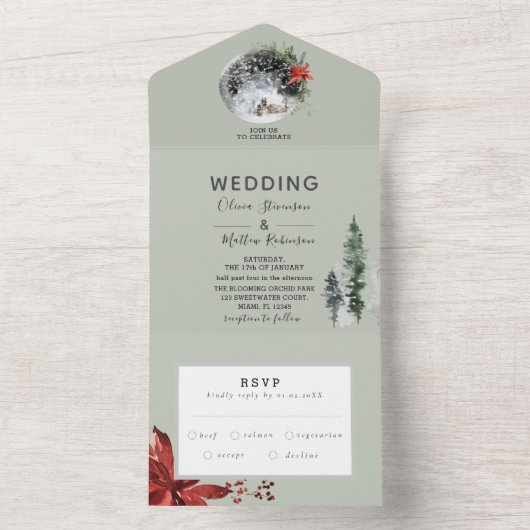 Forêt d'hiver Mariage neige tout en une invitation (À l'intérieur)