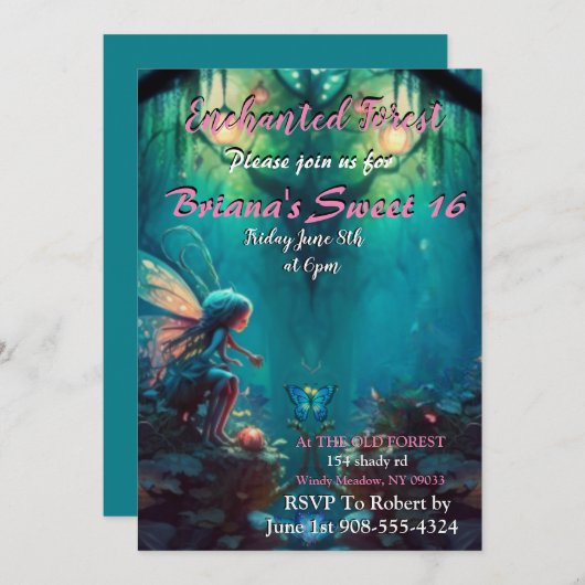 Forêt enchantée Fée Sweet 16 Invitation (Devant / Derrière)