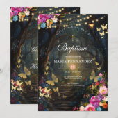 Forêt Magique Vert Floral Baptême Invitation (Devant / Derrière)
