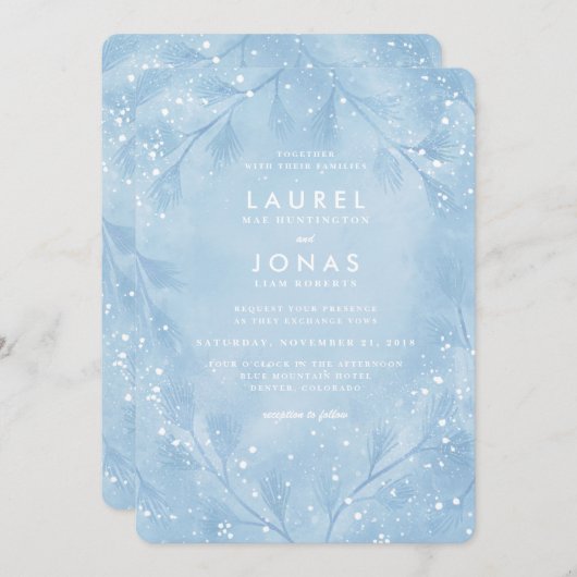 Forêt neigeuse Bleu Mariage d'hiver Invitations (Devant / Derrière)