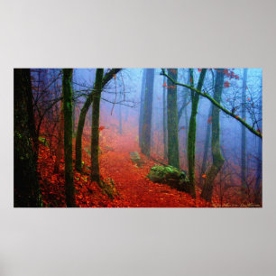 Forêt peinte Automne Bleu Poster Imprimer