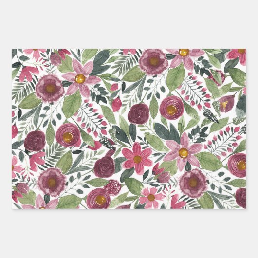 Forêt rose Mauve Vert Aquarelle Fleurs Feuilles (Devant 3)