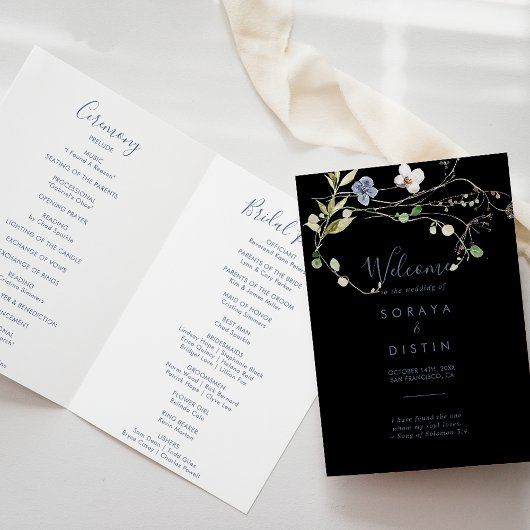 Forêt sauvage Floral plié Black Wedding Programme