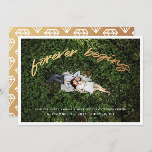 Forever Begint | Gold Save the Date Photo Card (Voorkant / Achterkant)