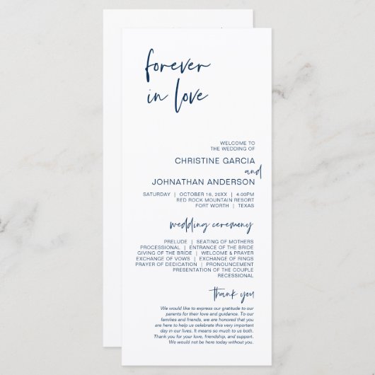 Forever in liefde, Modern Navy Blue Wedding Progra Programma (Voorkant / Achterkant)