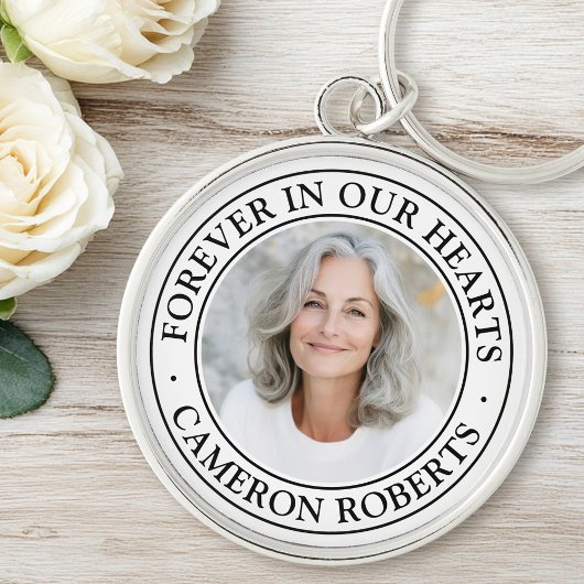 Forever in our hearts white border photo memorial sleutelhanger