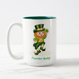 Forever Lucky Green Gnome & Monogram Tweekleurige Koffiemok