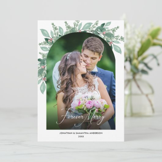 Forever Merry Greenery Photo Arch Kerstmis Feestdagenkaart (Staand voorkant)