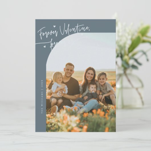 Forever Us Script Slate Blue Valentine Photo Feestdagenkaart (Staand voorkant)