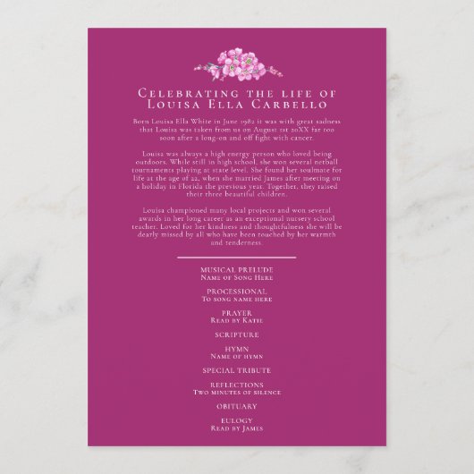 Forget-me-not funeral service programme fleur rose (Dos)