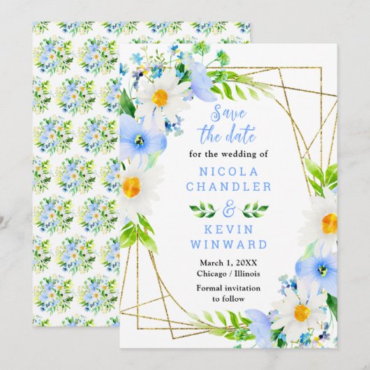 Forget Me Nots and Daisies Wedding Save The Date (Voorkant / Achterkant)