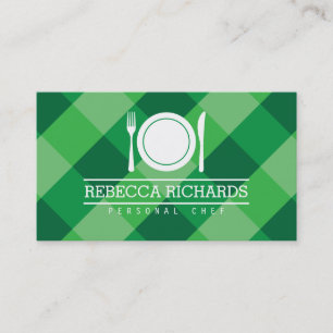Fork, Bord, Knife Logo op Green Gingham Chef Visitekaartje