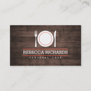 Fork, Bord, Knife Logo op rustieke houtnerf Visitekaartje