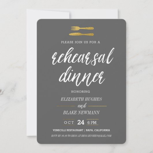 Fork & Knife Faux Foil Rehearsal Dinner Invite Kaart (Voorkant)